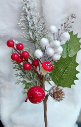 Crenguță artificială de Crăciun cu con, fructe și ciupercuță 30cm 10/set